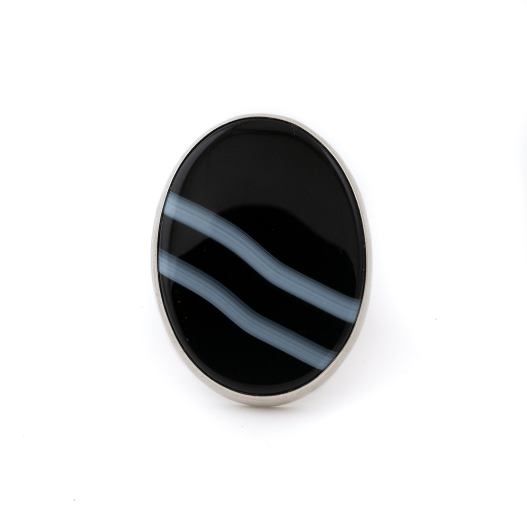 Silver x Oval Banded Black Agate Southwest Ring - Kingdom Jewelry