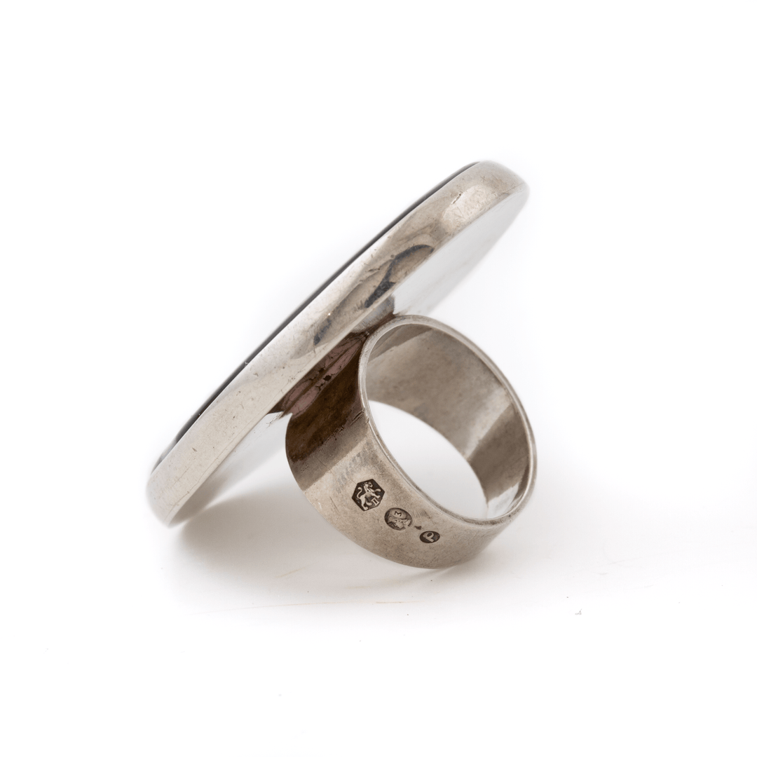 Silver x Oval Banded Black Agate Southwest Ring - Kingdom Jewelry