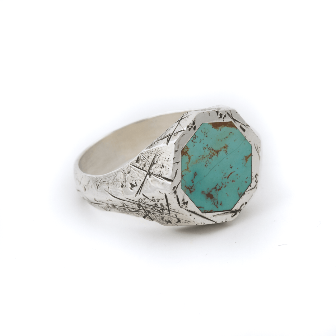 Silver x Royston Turquoise Distressed Hex Inlay Ring - Kingdom Jewelry