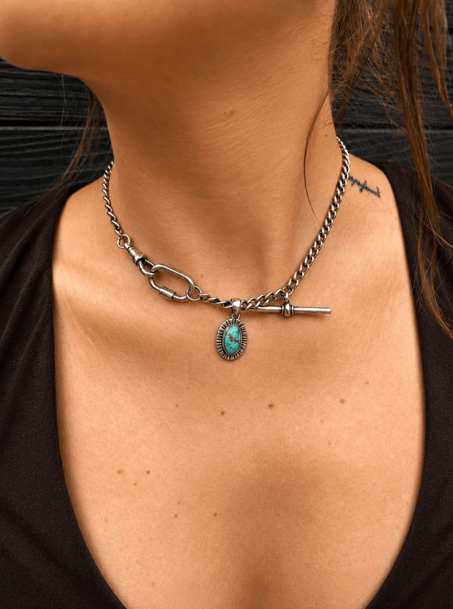 Silver x Sierra Turquoise & 5mm Pocket Watch Albert Chain Necklace - Kingdom Jewelry