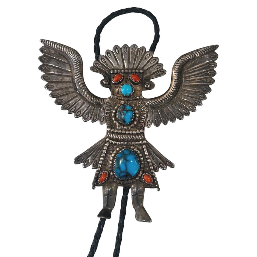 Silver x Signed 1980's "Pat Bennett" Blue Bisbee Turquoise & Red Coral Knifewing Navajo Bolo Tie - Kingdom Jewelry