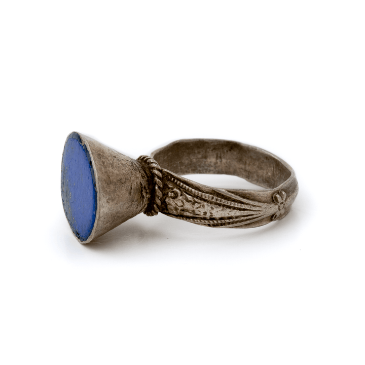 Silver x Single Bugle Lapis Lazuli Afghan Mughal Ring - Kingdom Jewelry