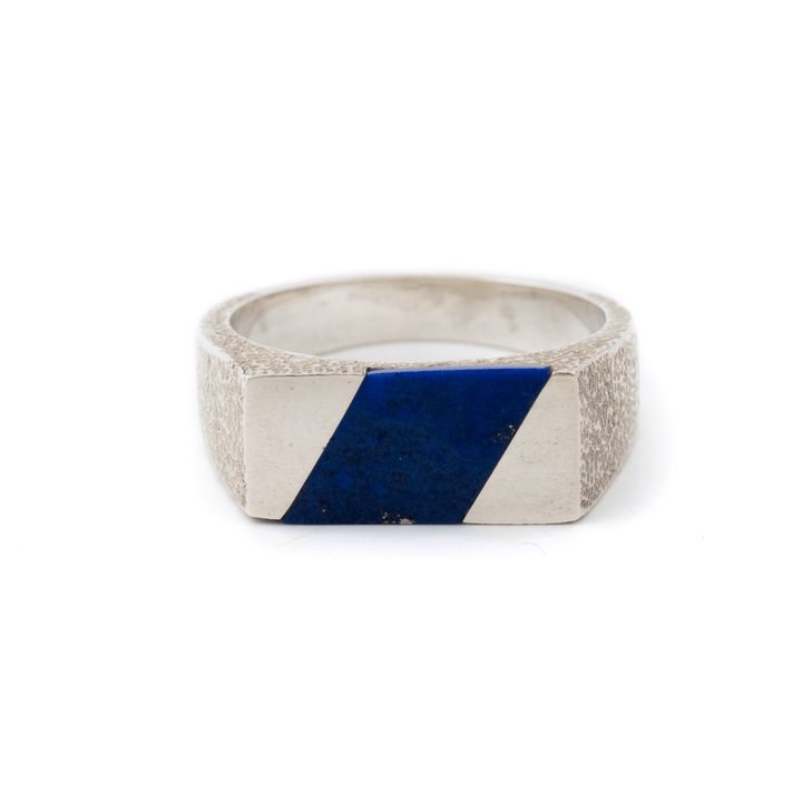Silver x Sleek Lapis Lazuli Textured Rhombus Inlay Signet - Kingdom Jewelry
