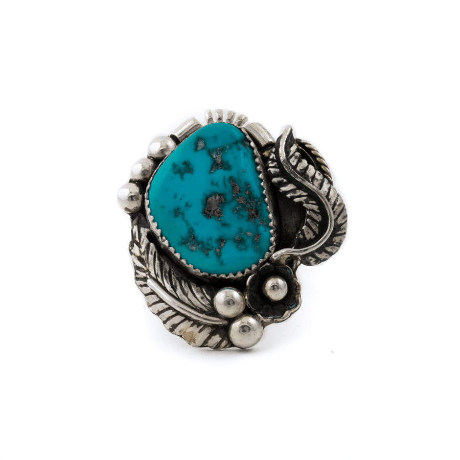 Silver x Southwest 1970's Natural Blue Turquoise Leaf - Motif Navajo Ring - Kingdom Jewelry