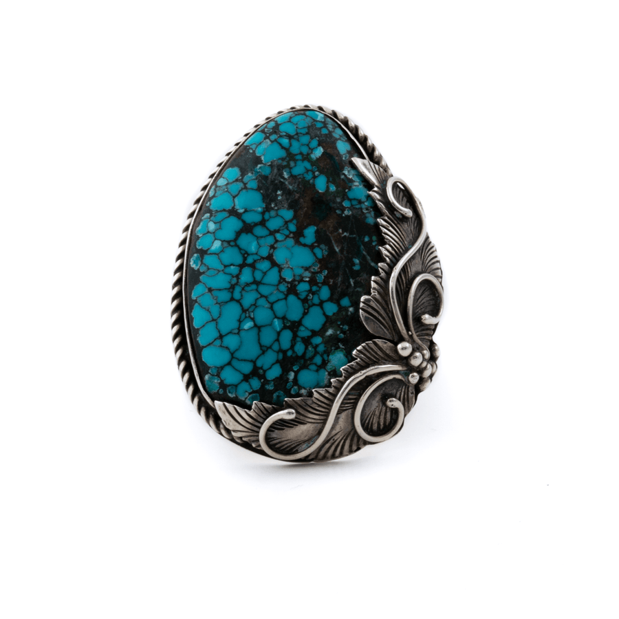 Silver x Southwest 1970's Spiderweb American Turquoise Leaf Motif Ring - Kingdom Jewelry