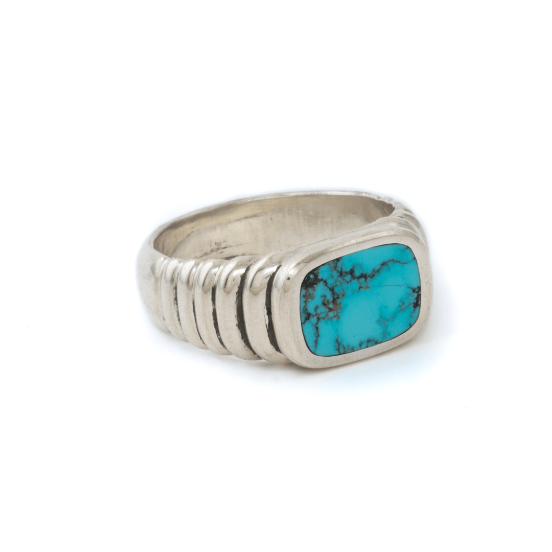 Silver x Spiderweb Hubei Turquoise Deluxe Ridged Cushion Inlay Signet - Kingdom Jewelry
