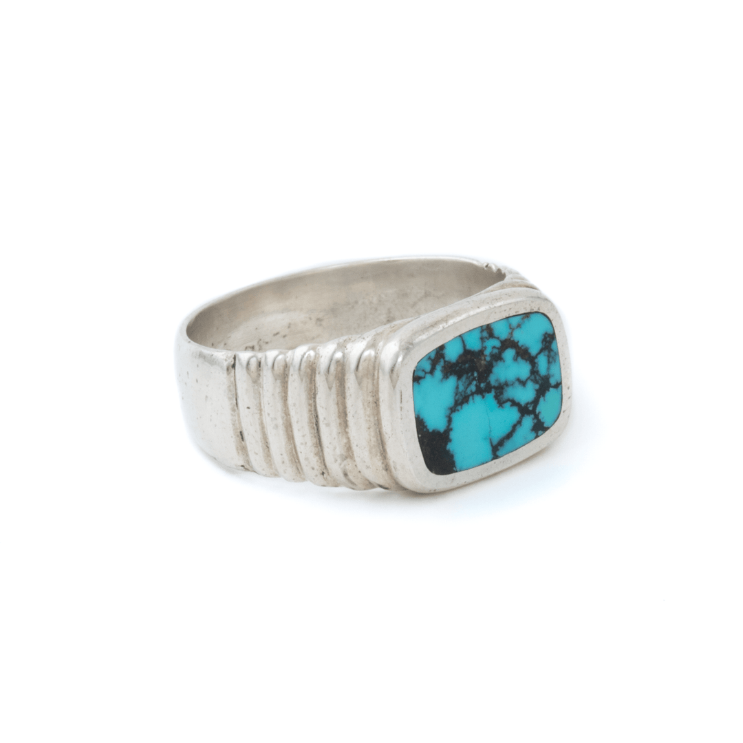 Silver x Spiderweb Hubei Turquoise Ridged Cushion Inlay Signet - Kingdom Jewelry