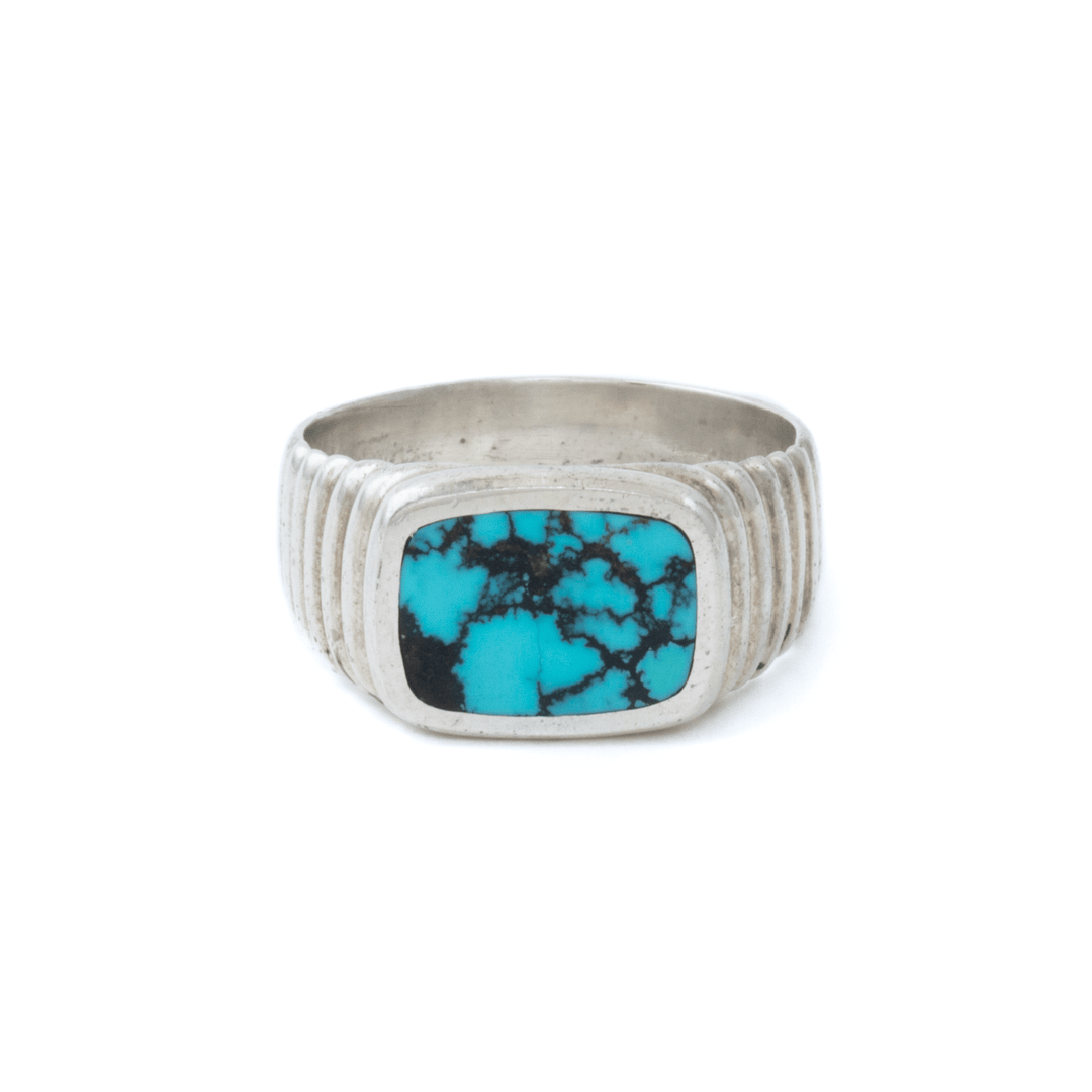 Silver x Spiderweb Hubei Turquoise Ridged Cushion Inlay Signet - Kingdom Jewelry