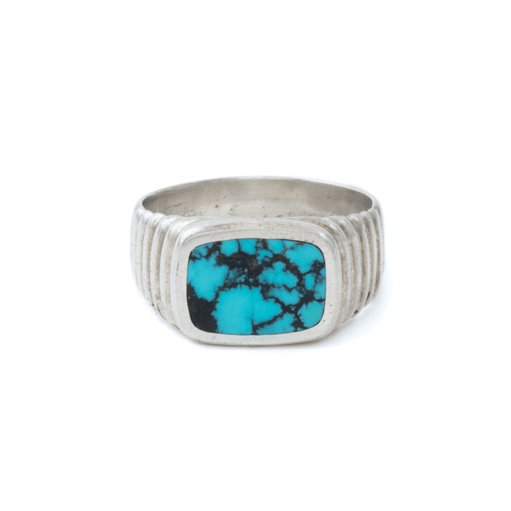 Silver x Spiderweb Hubei Turquoise Ridged Cushion Inlay Signet - Kingdom Jewelry