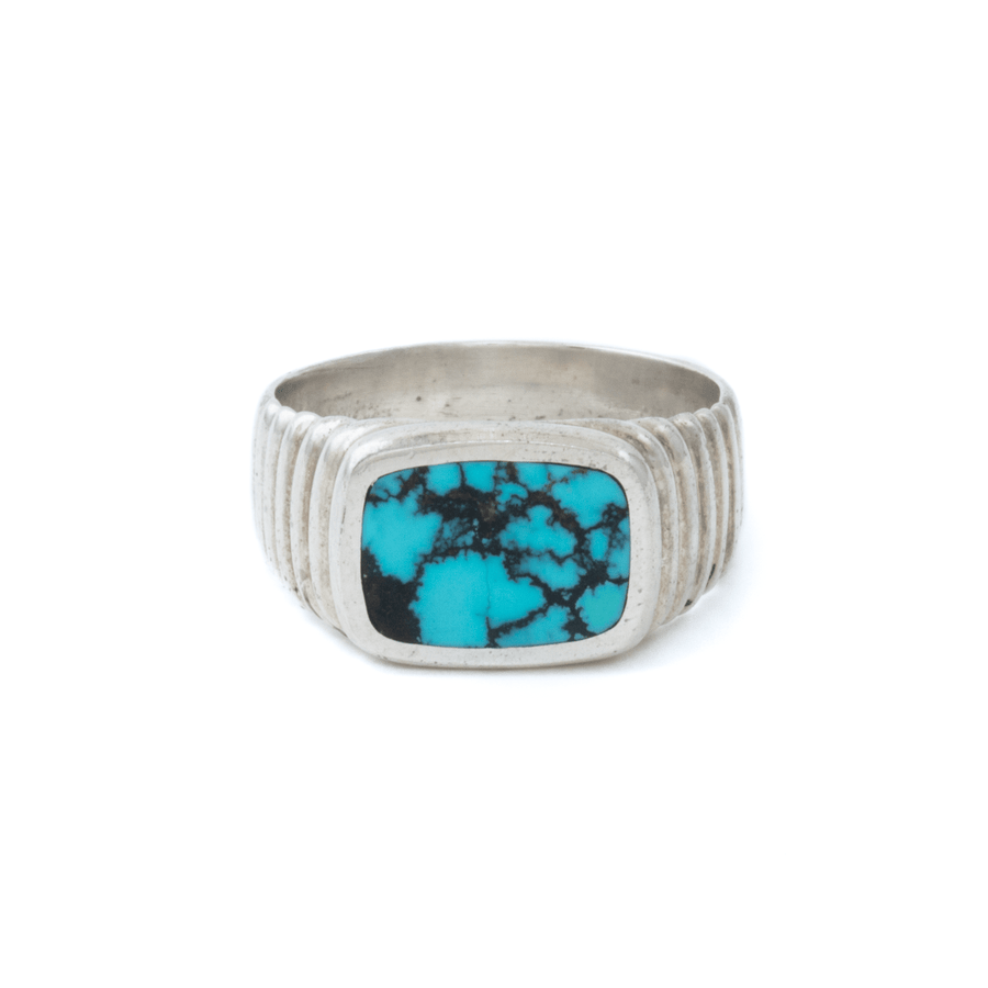 Silver x Spiderweb Hubei Turquoise Ridged Cushion Inlay Signet - Kingdom Jewelry