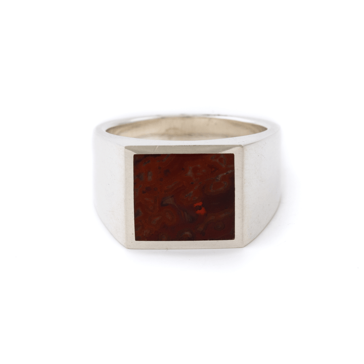 Silver x Squared Red Dinosaur Bone Inlay Signet - Kingdom Jewelry