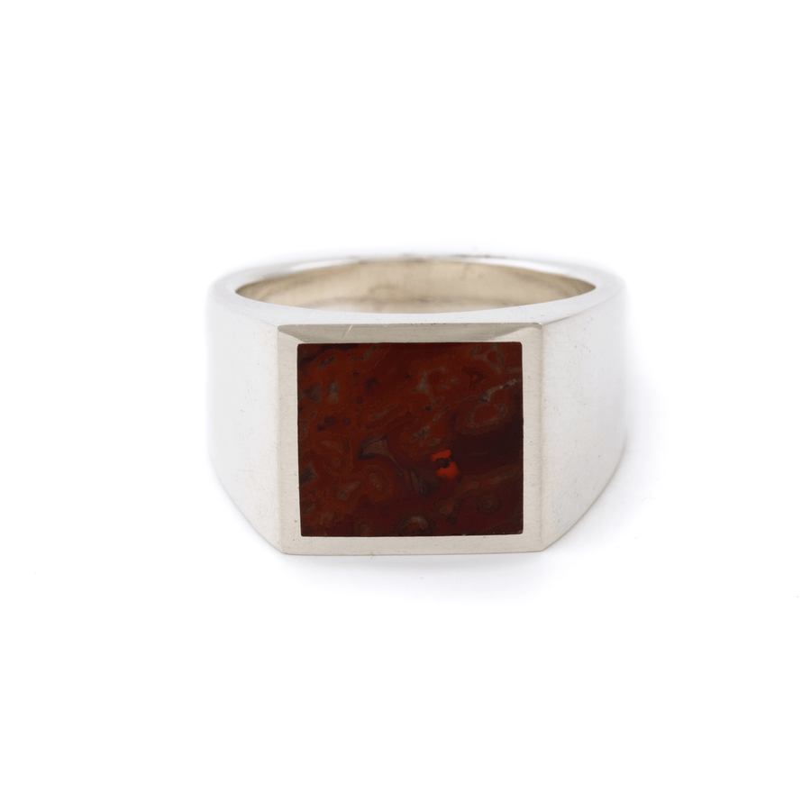 Silver x Squared Red Dinosaur Bone Inlay Signet - Kingdom Jewelry