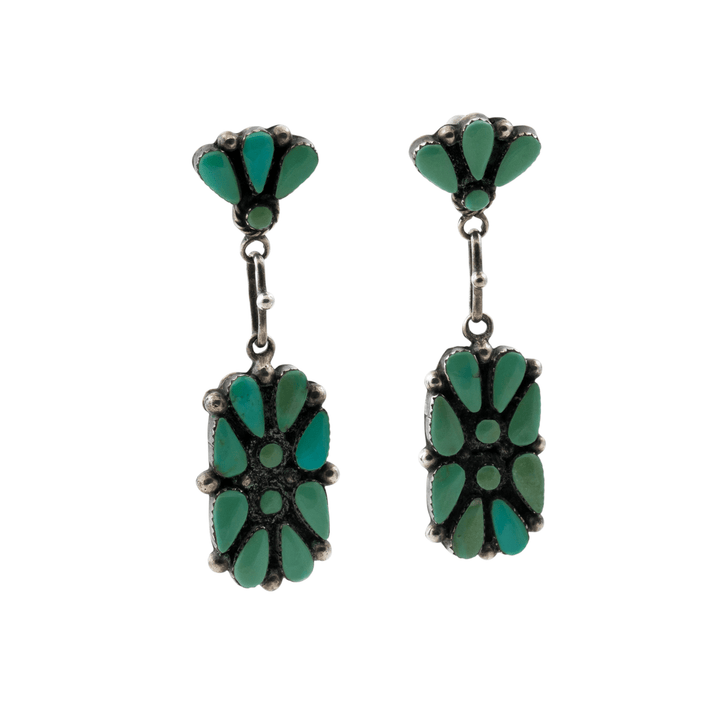 Silver x Traditional 1970's Greasy Green Turquoise Petit - Point Zuni Earrings - Kingdom Jewelry