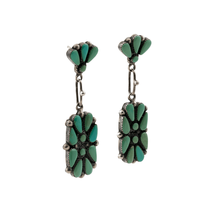 Silver x Traditional 1970's Greasy Green Turquoise Petit - Point Zuni Earrings - Kingdom Jewelry