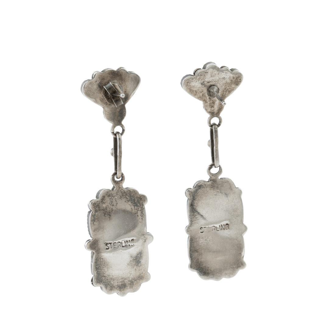 Silver x Traditional 1970's Greasy Green Turquoise Petit - Point Zuni Earrings - Kingdom Jewelry