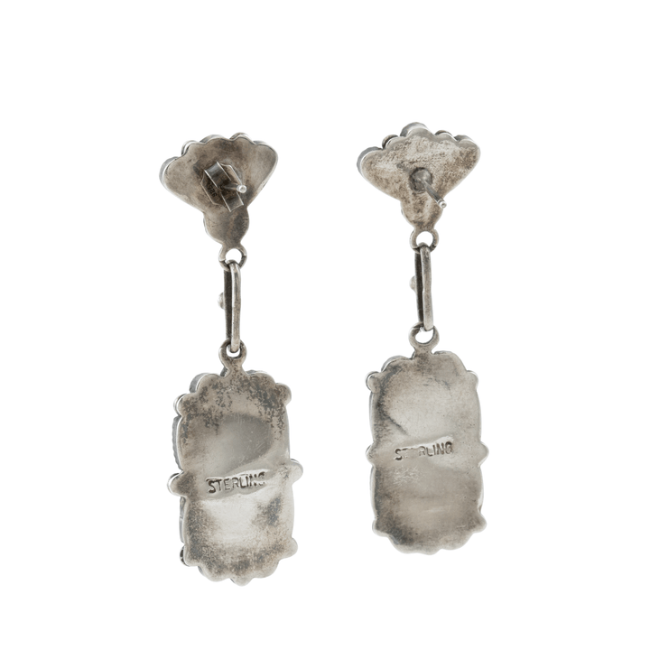 Silver x Traditional 1970's Greasy Green Turquoise Petit - Point Zuni Earrings - Kingdom Jewelry