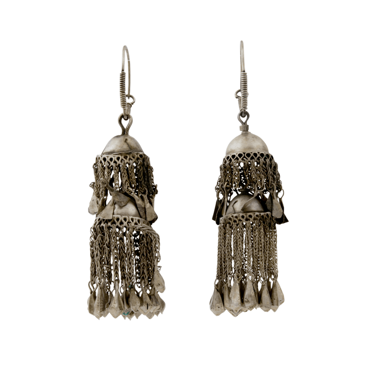 Silver x Vintage Afghan Hazaragi Tiered Chandelier Tassel Earrings - Kingdom Jewelry