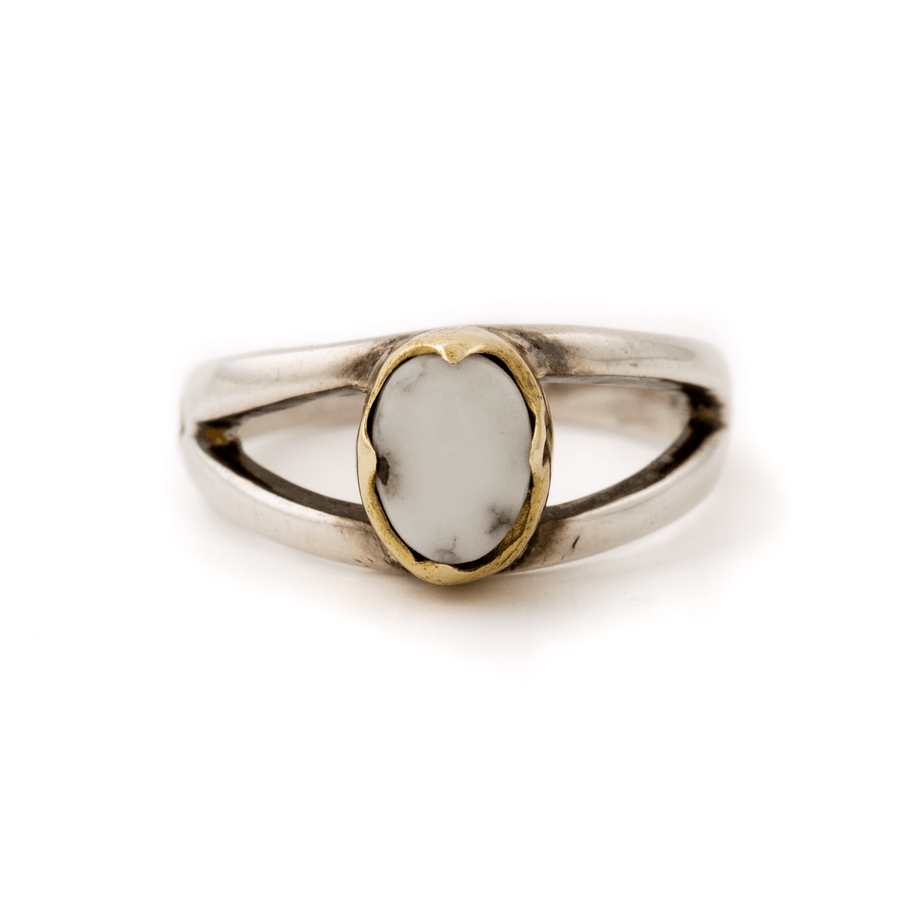 Silver x White Buffalo Brass Crown Bezel Split - Shank Ring - Kingdom Jewelry