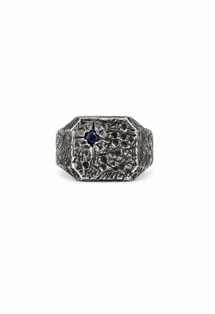 Soft Square Distressed Signet w/ Sapphire - Kingdom Jewelry