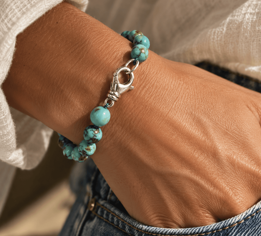 Sonoran Gold Turquoise Beaded Sterling Silver Bracelet - Kingdom Jewelry