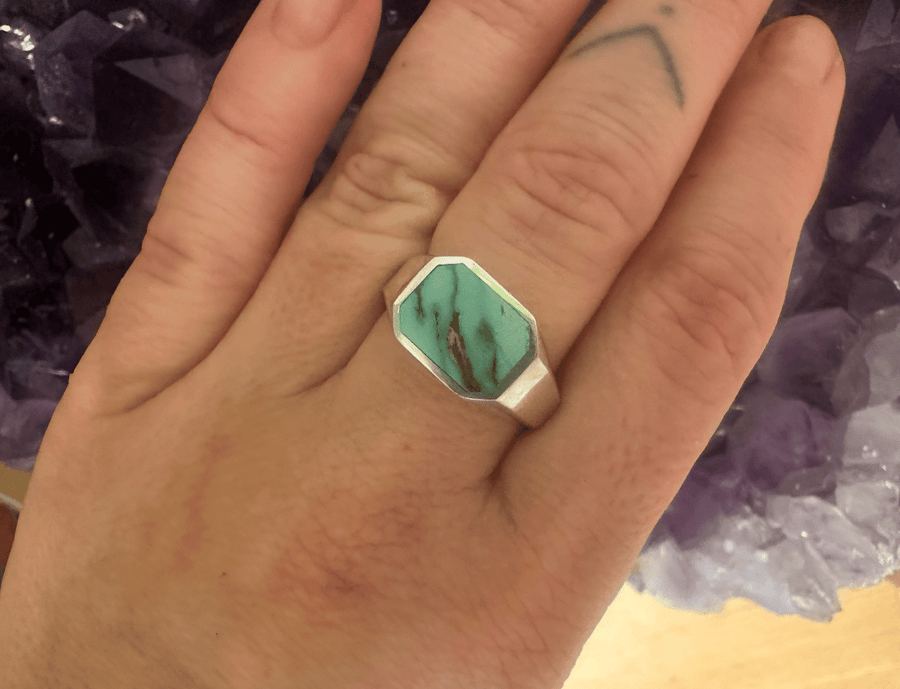 Sterling Silver Royston Turquoise Rectangular Inlay Size 9 - Kingdom Jewelry