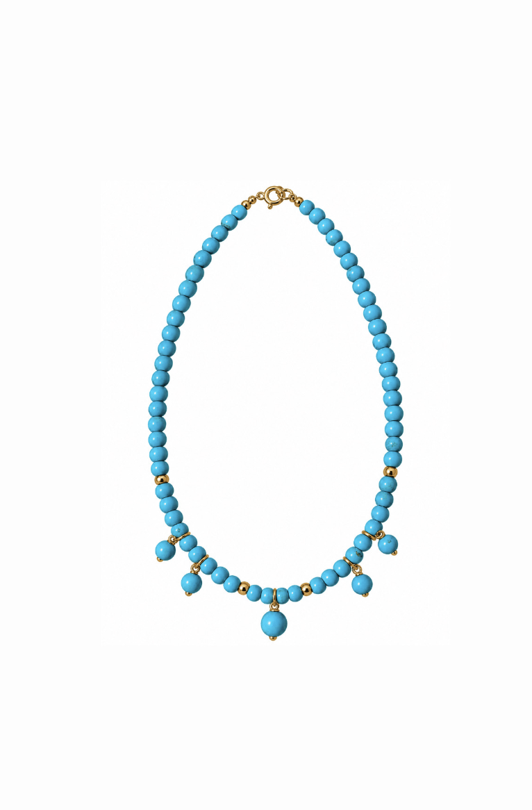 Turquoise Beaded Bobble 14K Yellow Gold Necklace - Kingdom Jewelry