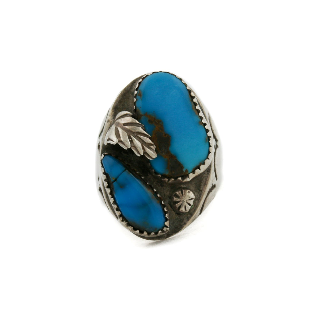 Twin 1970's Royal Blue Turquoise Leaf - Motif Navajo Ring - Kingdom Jewelry