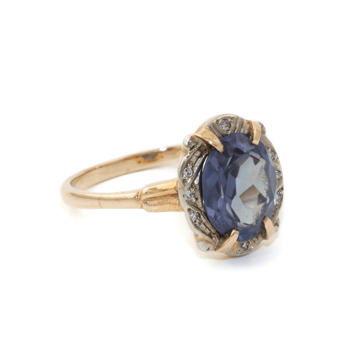 Two - Tone 10k Gold x Amethyst & Pavé Diamond Art - Deco Cocktail Ring - Kingdom Jewelry