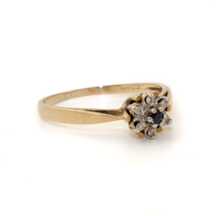 Two - Tone 10k Gold x Victorian - Style Sapphire & Diamond Flower Ring - Kingdom Jewelry