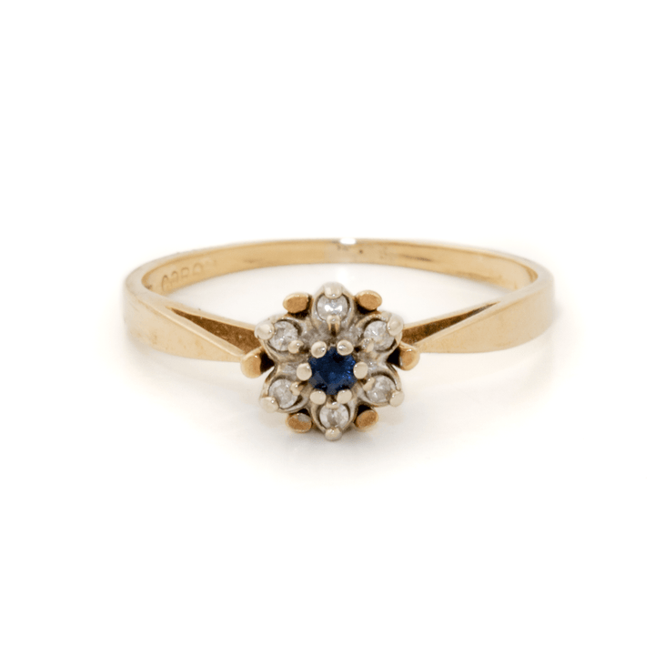 Two - Tone 10k Gold x Victorian - Style Sapphire & Diamond Flower Ring - Kingdom Jewelry