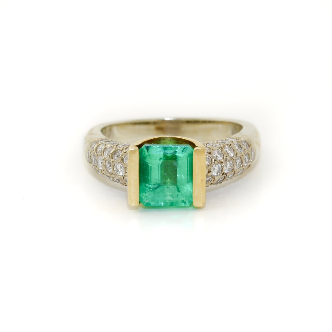 Two - Tone 18k x 1.78 ct Princess - Cut Emerald & Diamond Cluster Engagement - Kingdom Jewelry