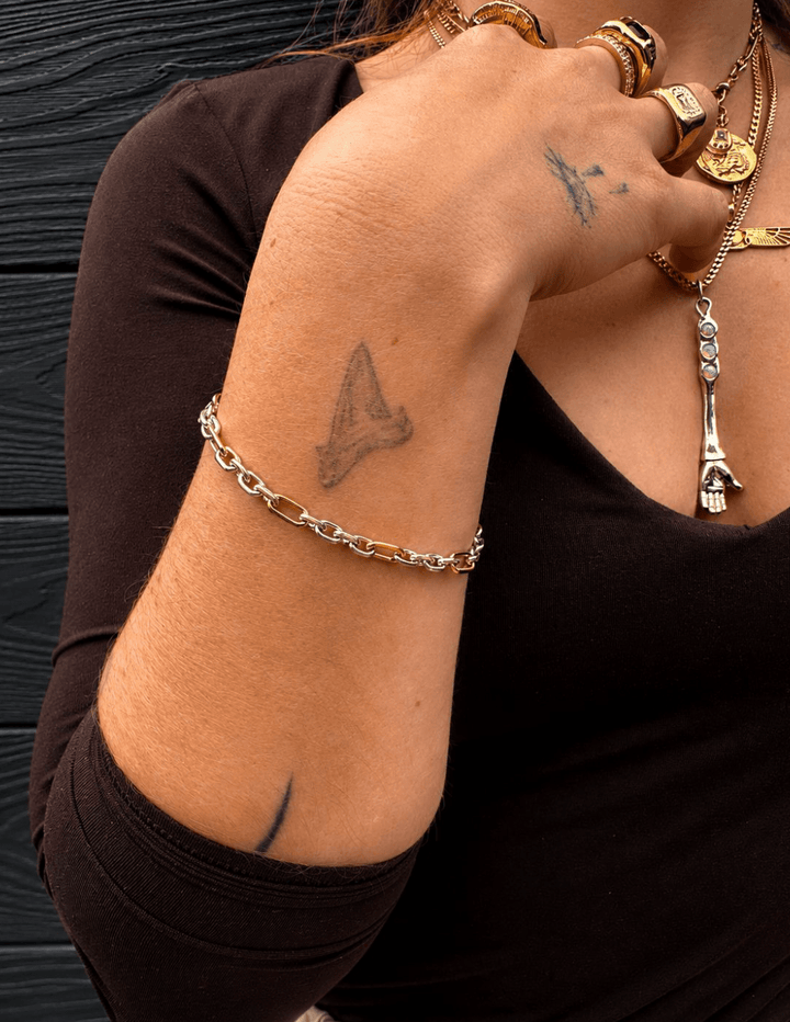Two - Tone Silver & 14k Gold x Handmade 6mm Cable Link Chain Bracelet - Kingdom Jewelry