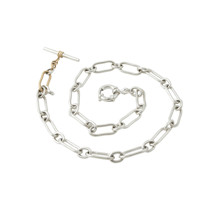 Two Tone Silver & 14k Gold x Handmade 9mm Diamond - Tipped T - Bar Toggle Necklace - Kingdom Jewelry
