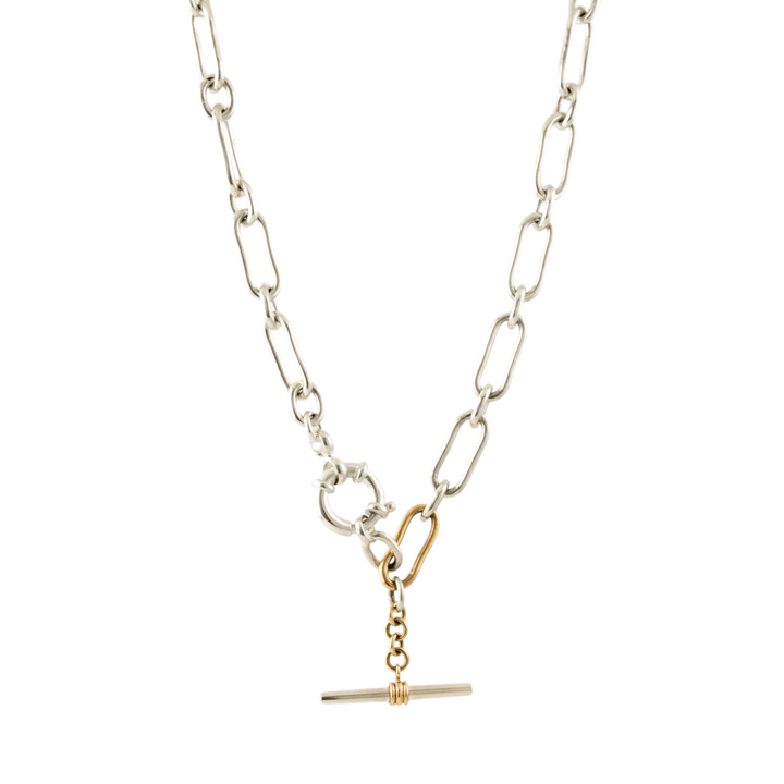 Two Tone Silver & 14k Gold x Handmade 9mm Diamond - Tipped T - Bar Toggle Necklace - Kingdom Jewelry