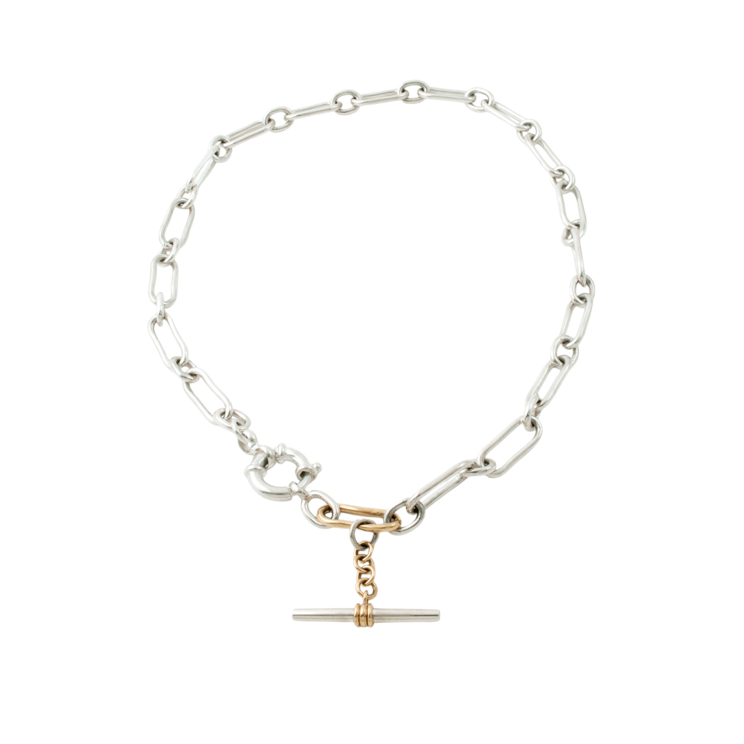 Two Tone Silver & 14k Gold x Handmade 9mm Diamond - Tipped T - Bar Toggle Necklace - Kingdom Jewelry