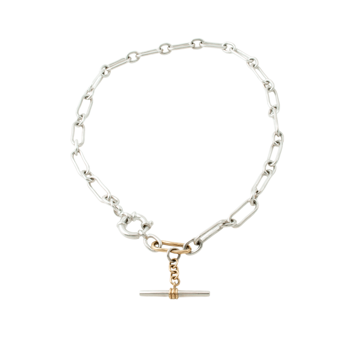 Two Tone Silver & 14k Gold x Handmade 9mm Diamond - Tipped T - Bar Toggle Necklace - Kingdom Jewelry