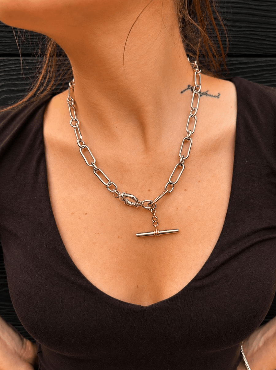 Two Tone Silver & 14k Gold x Handmade 9mm Diamond - Tipped T - Bar Trombone Necklace - Kingdom Jewelry