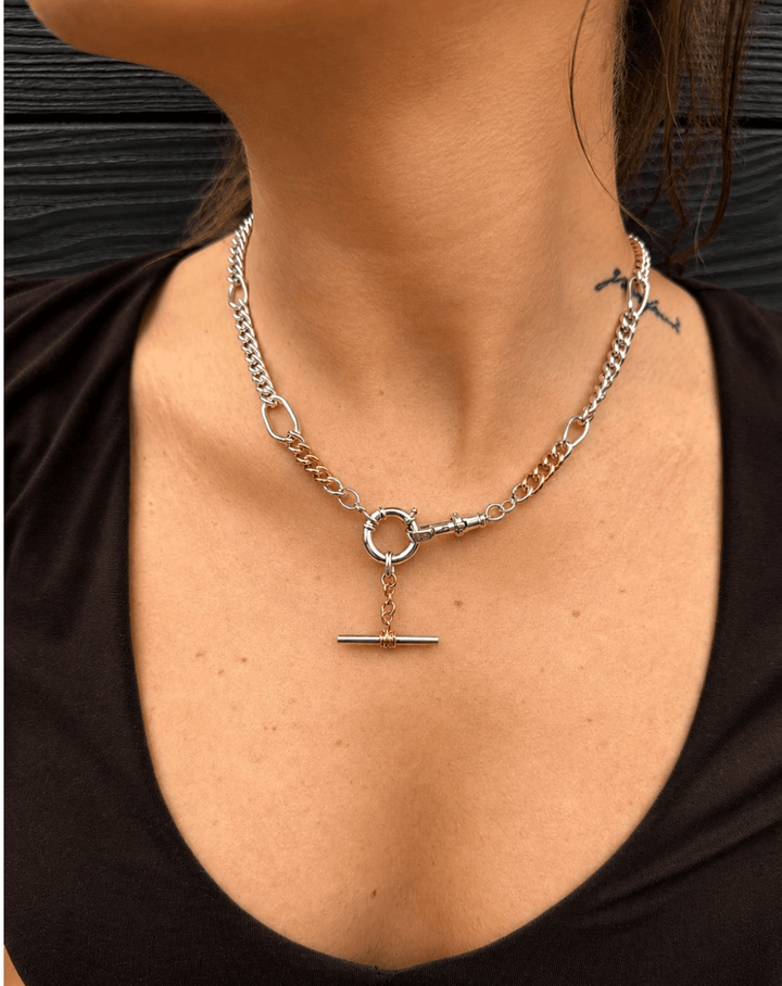Two Tone Silver & 14k Gold x Handmade Albert +Toggle Chain Necklace - Kingdom Jewelry