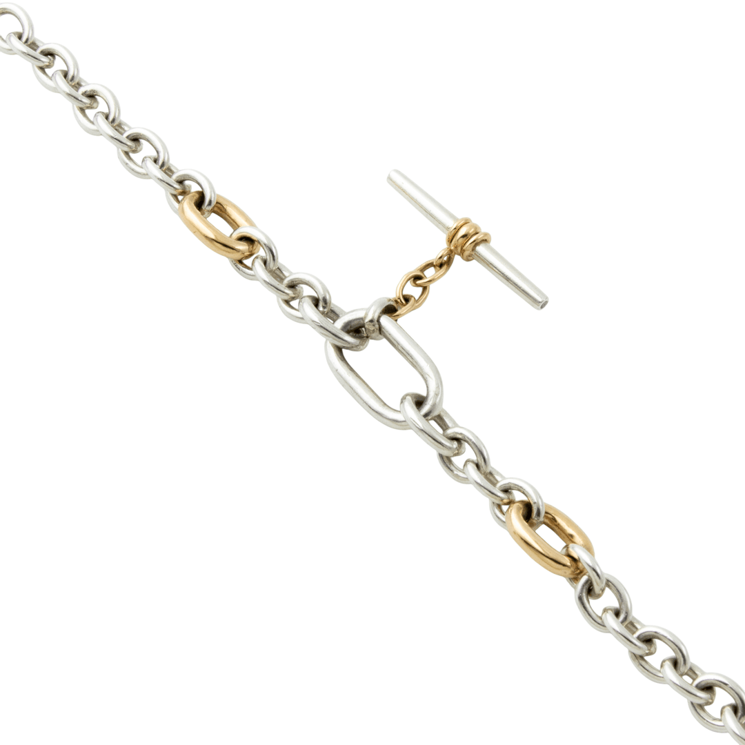 Two Tone Silver & 14k Gold x Handmade Diamond - Tipped T - Bar Toggle Chain Bracelet - Kingdom Jewelry