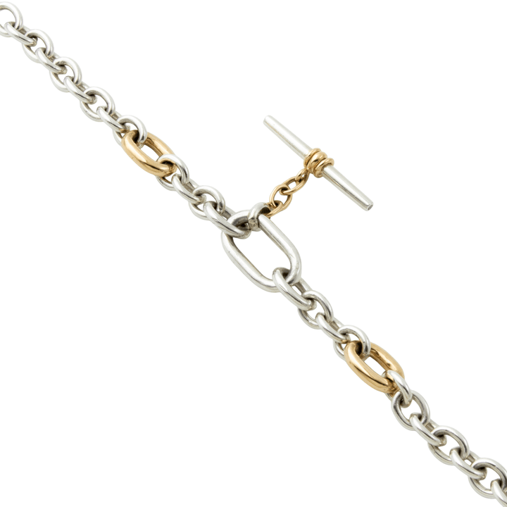 Two Tone Silver & 14k Gold x Handmade Diamond - Tipped T - Bar Toggle Chain Bracelet - Kingdom Jewelry