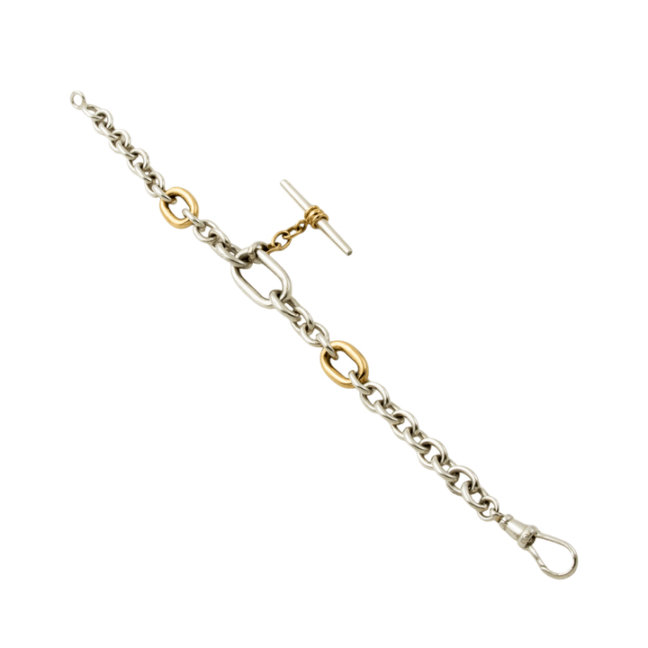 Two Tone Silver & 14k Gold x Handmade Diamond - Tipped T - Bar Toggle Chain Bracelet - Kingdom Jewelry