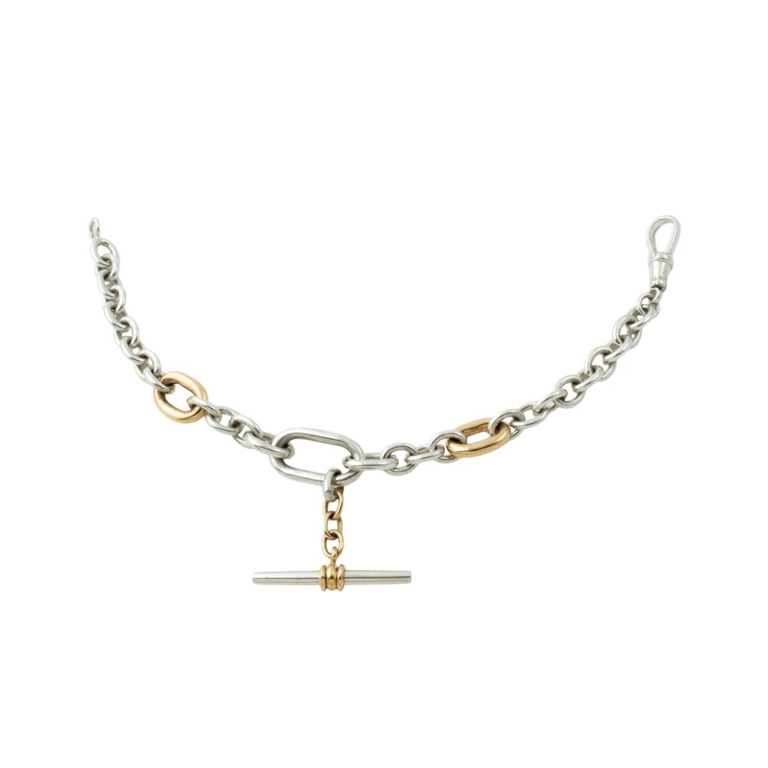 Two Tone Silver & 14k Gold x Handmade Diamond - Tipped T - Bar Toggle Chain Bracelet - Kingdom Jewelry