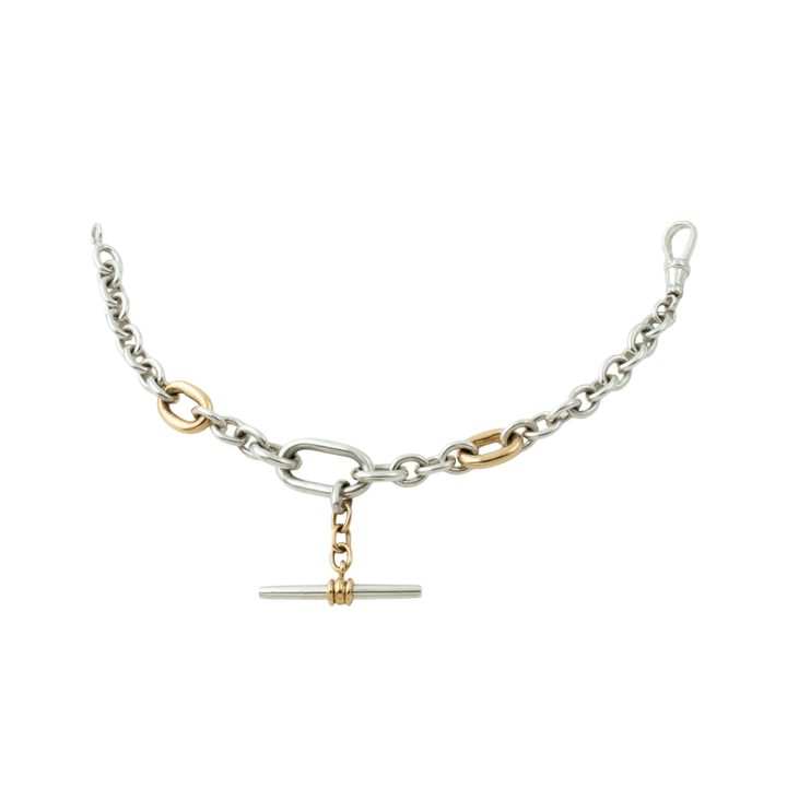 Two Tone Silver & 14k Gold x Handmade Diamond - Tipped T - Bar Toggle Chain Bracelet - Kingdom Jewelry