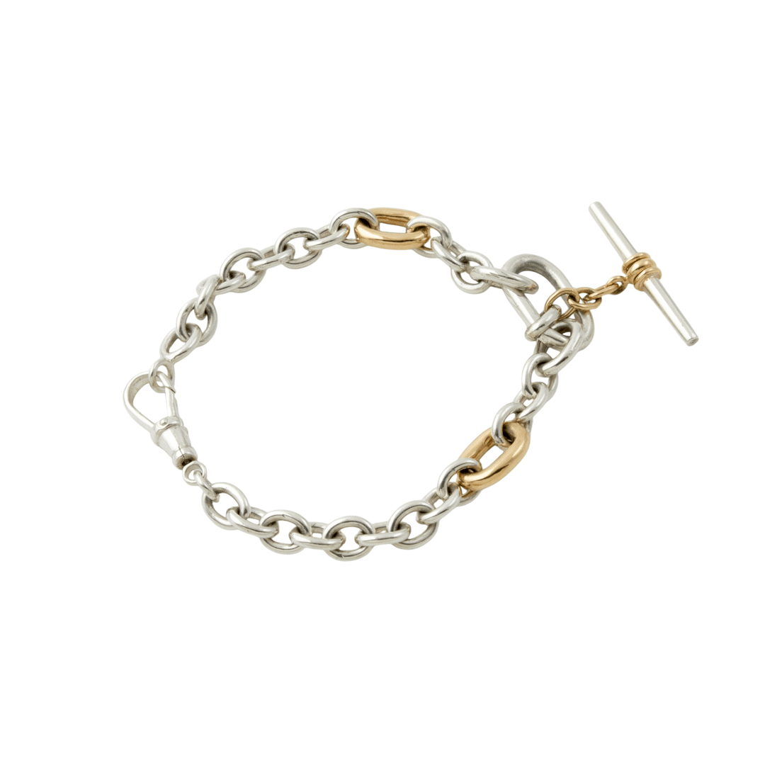 Two Tone Silver & 14k Gold x Handmade Diamond - Tipped T - Bar Toggle Chain Bracelet - Kingdom Jewelry