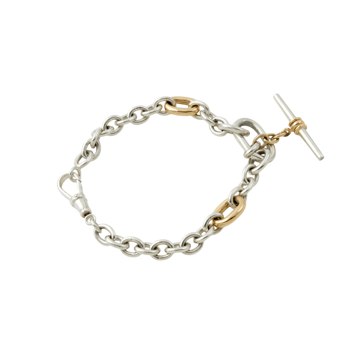 Two Tone Silver & 14k Gold x Handmade Diamond - Tipped T - Bar Toggle Chain Bracelet - Kingdom Jewelry