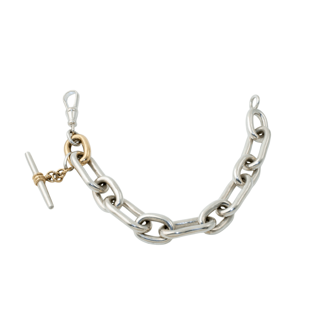 Two - Tone Silver & 14k Gold x Heavyweight 15mm Diamond - Tipped T - Bar Toggle Bracelet - Kingdom Jewelry