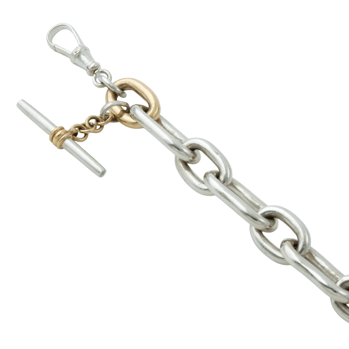 Two - Tone Silver & 14k Gold x Heavyweight 15mm Diamond - Tipped T - Bar Toggle Bracelet - Kingdom Jewelry