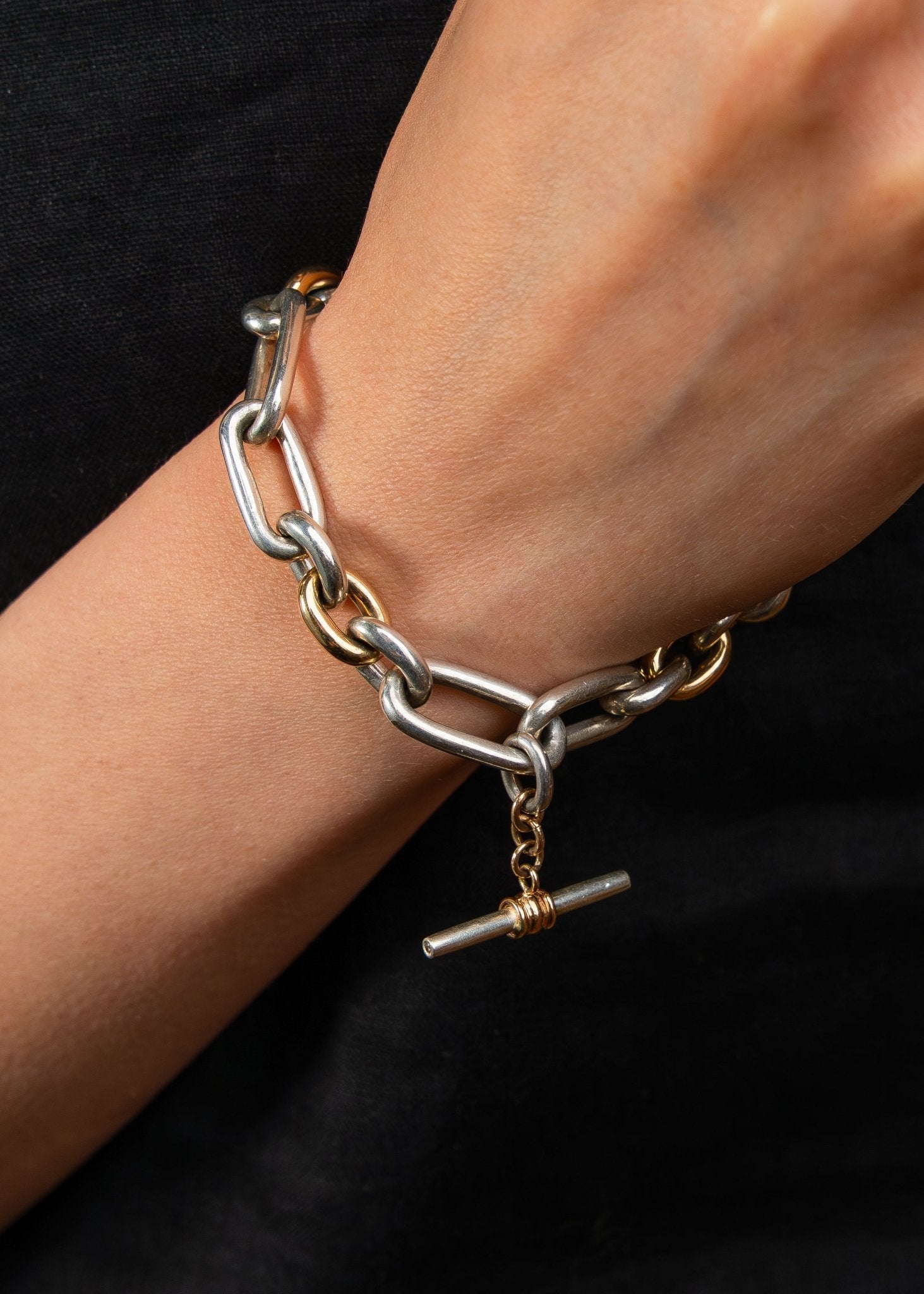 Two - Tone Silver & 14k Gold x Heavyweight 15mm Diamond - Tipped T - Bar Toggle Bracelet - Kingdom Jewelry