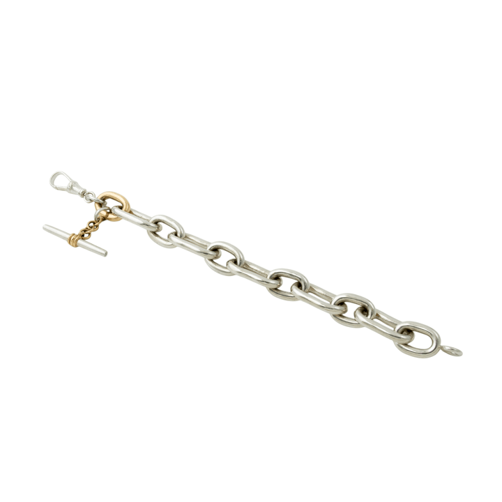 Two - Tone Silver & 14k Gold x Heavyweight 15mm Diamond - Tipped T - Bar Toggle Bracelet - Kingdom Jewelry