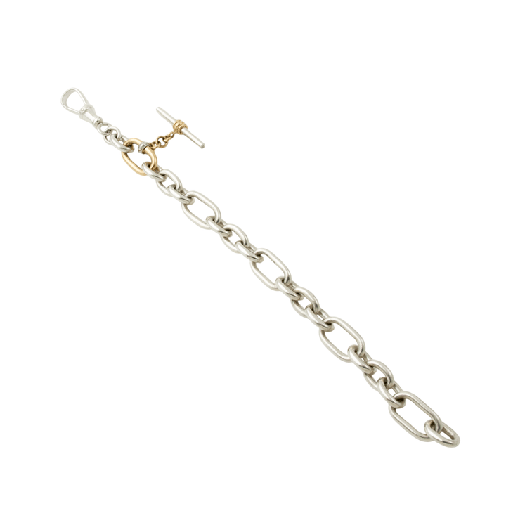 Two - Tone Silver & 14k Gold x Medium Diamond - Tipped T - Bar Toggle Bracelet - Kingdom Jewelry